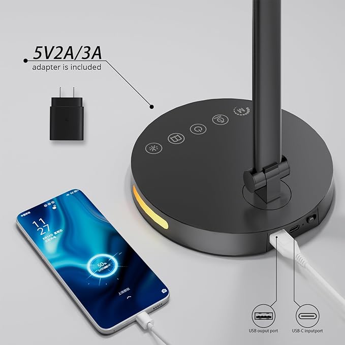 Semlos Led Desk Lamp with Adjustable Brightness and 5 Color Temperature, Dimmable Desk Light, Type-C Interface, Timer, 12W Table Lamp for Home and Office, Black, Adapter Included