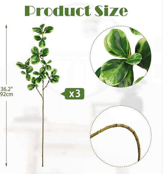 Hollyone 3 Packs Artificial Greenery Stems 36.2 Inch Faux Stems White Edged Leaves with Long Stems Fake Branches Greenery Stem for Vase Garden Home Office Wedding Decoration