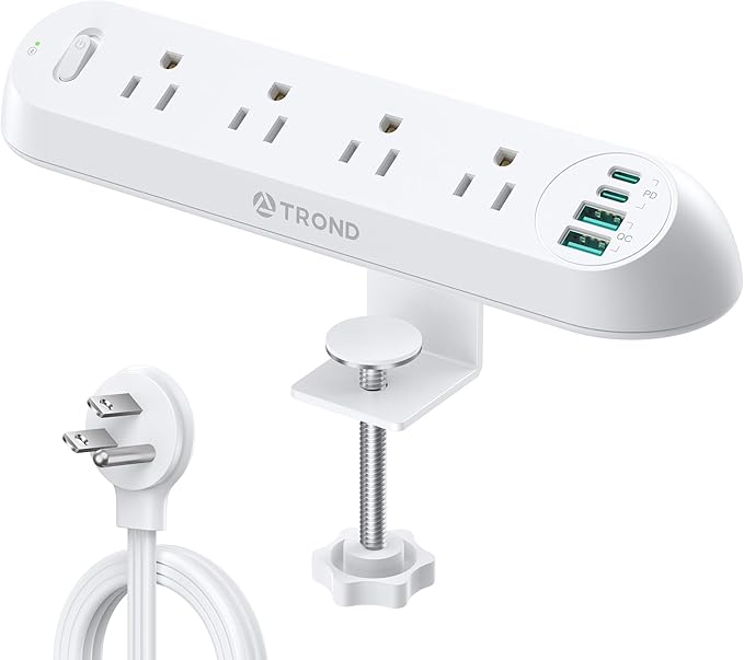 TROND Desk Clamp Power Strip 20W USB C, Flat Plug 10ft Extension Cord, Surge Protector with 4 Outlets 4 USB Ports, 1700J, ETL Listed, Fits 1.97 inch Tabletop Edge, for Home Office Accessories, White