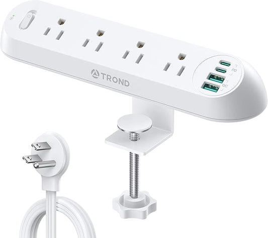 TROND Desk Clamp Power Strip 20W USB C, Flat Plug 10ft Extension Cord, Surge Protector with 4 Outlets 4 USB Ports, 1700J, ETL Listed, Fits 1.97 inch Tabletop Edge, for Home Office Accessories, White