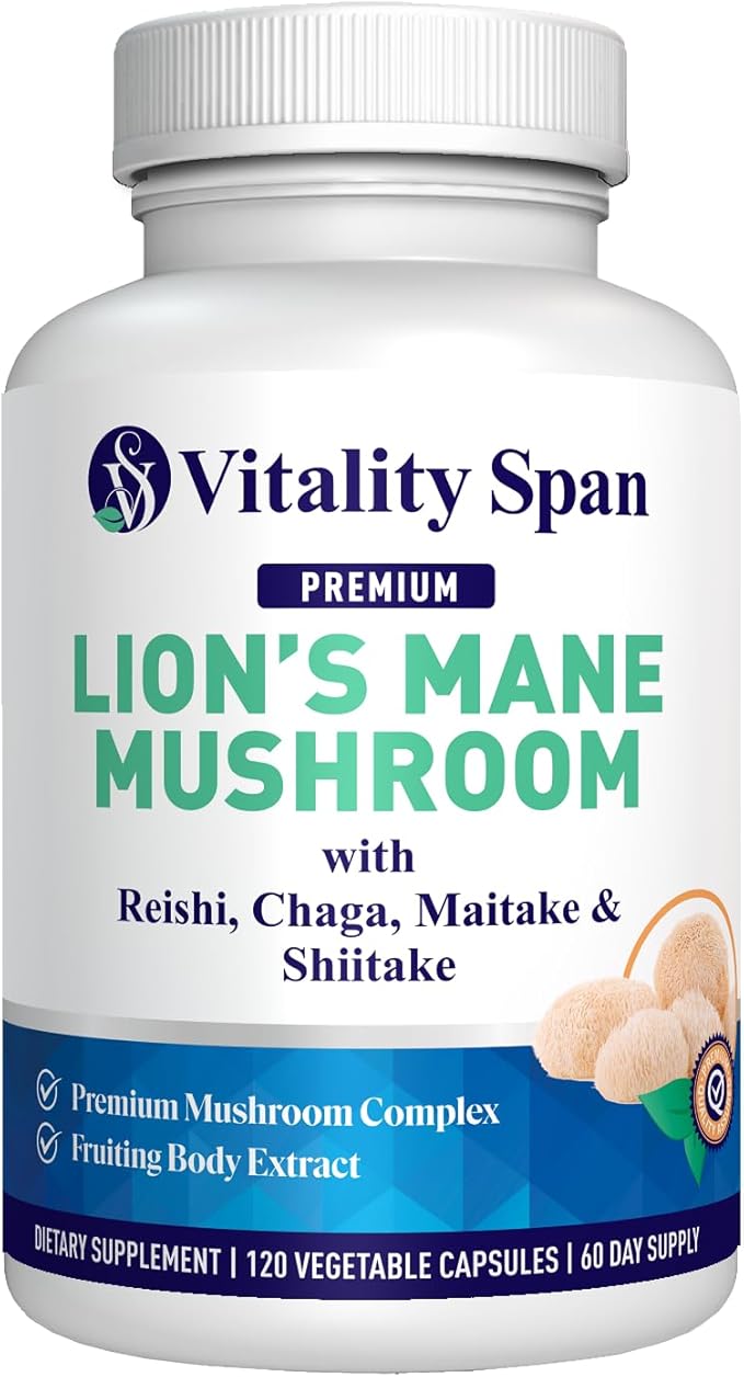Lions Mane Supplement Capsules - Mushroom Extract: Chaga, Maitake, Reishi & Shiitake Mushrooms | Pure Fruiting Body | Mental Clarity, Focus, Cognitive Support | 120 Veggie Caps