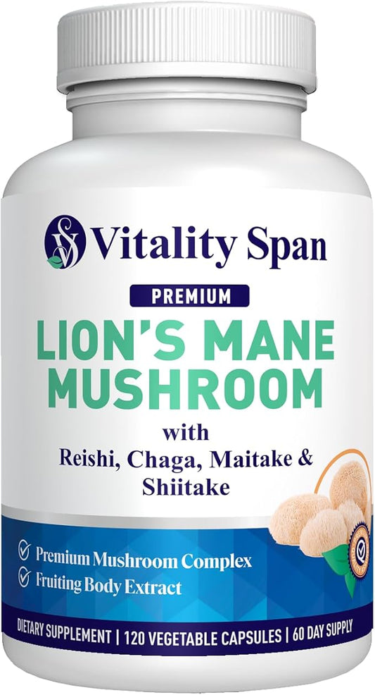 Lions Mane Supplement Capsules - Mushroom Extract: Chaga, Maitake, Reishi & Shiitake Mushrooms | Pure Fruiting Body | Mental Clarity, Focus, Cognitive Support | 120 Veggie Caps