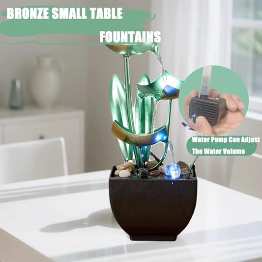 Tabletop Water Fountain: 3-Tier Tabletop Fountain Lotus Desk Relaxation Home Decor - Blooms and Leaves Flowing Water for Relaxing Décor Green