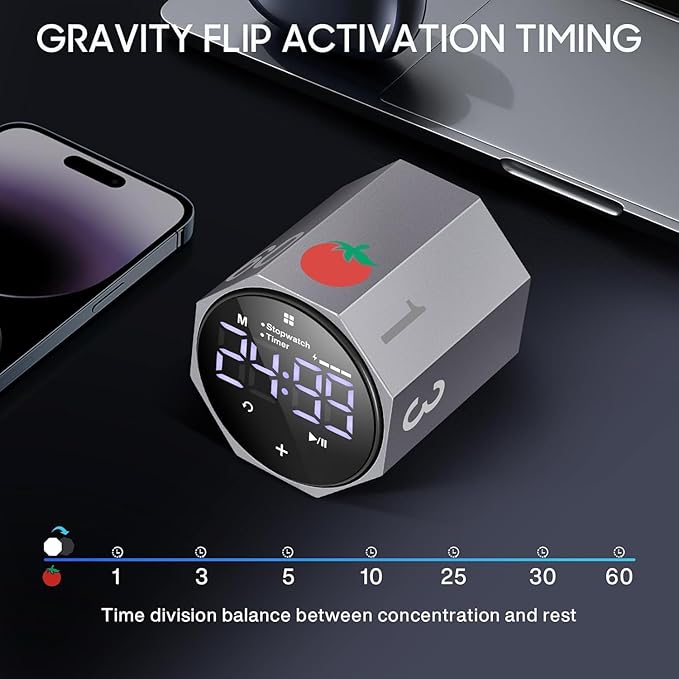 MIAOKE Pomodoro Timer-Aluminum Alloy Frosted Metal LED Large Screen Digital Automatically Rotated Display, Focus Efficient Management on Work and Study,Office,Living Room-Gray