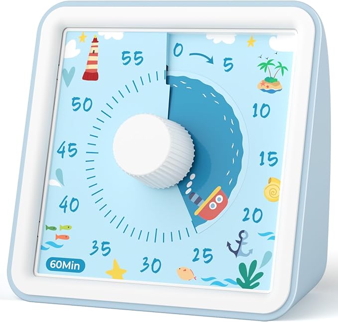 LIORQUE 60 Minute Visual Timer for Kids, Visual Countdown Timer for Classroom Office Kitchen with 'Boat' Pattern Design, Pomodoro Timer with Silent Operation (Batteries Included)