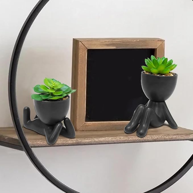 Zerzsy 2PCS Cute Artificial Succulent Plants with Creative Human Shaped Pots, Desk Decoration Mini Potted Planter Succulent Decor for Desktop Office Bedroom Table Decor (Matte Black)
