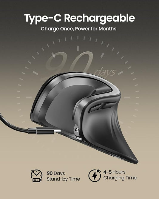 ProtoArc Ergonomic Vertical Mouse, EM11 NL Rechargeable Wireless Mouse Bluetooth, Ergo Mice with 3 Multi-Device for PC/Notebook/Laptop, 2.4GHz Optical Mice for Windows, Mac OS, Gray