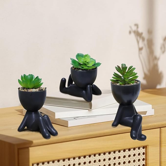 Zerzsy 3 PCS Cute Artificial Succulent Plants with Creative Human Shaped Pots, Mini Potted Plants, Faux Succulent Desk Decor for Home Office Shelf Decor (Matte Black)