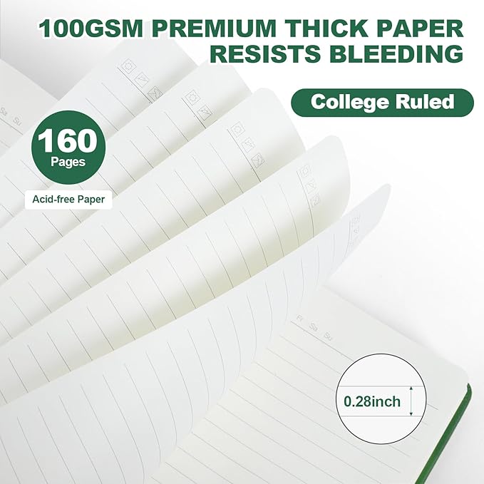 Lined Journal Notebooks, 4 Pack 160 Pages, 5.5x 8.2-Inch Journals for Women Men, Hardcover Notebook with 100 gsm Thick Paper, A5 Size College Ruled Notebook for Writing/Travel/Work (Green, 6 Pack)