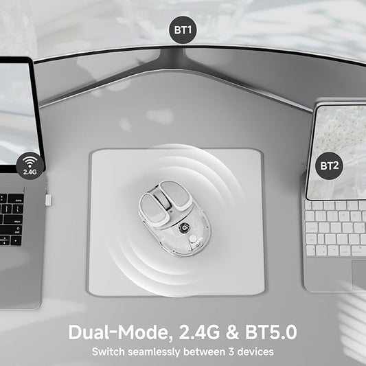 EWEADN Q9 Wireless Clear Mouse Dual Mode Bluetooth & 2.4G USB Computer Mouse with RGB Lighting, Silent Clicks, Multi-Device Compatibility for Laptop, PC, MacBook, iPad Cute Mouse-White