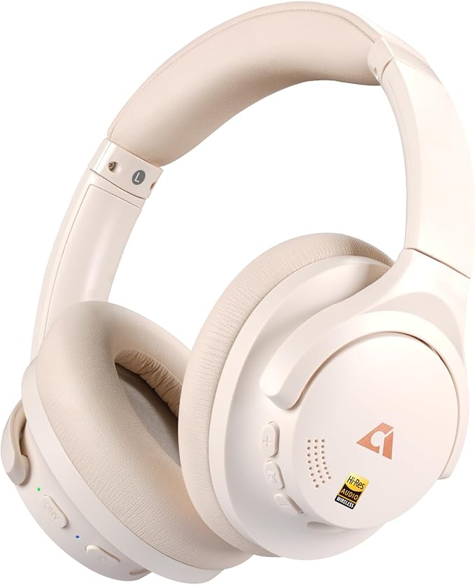 1Mii Y8+ Noise Cancelling Headphones Bluetooth, Wireless LDAC Hi-Res Audio, Custom EQ via App, 75H Playtime, Comfort Fit, Over Ear Headphones Foldable for Airplane Travel Home Office Cream White