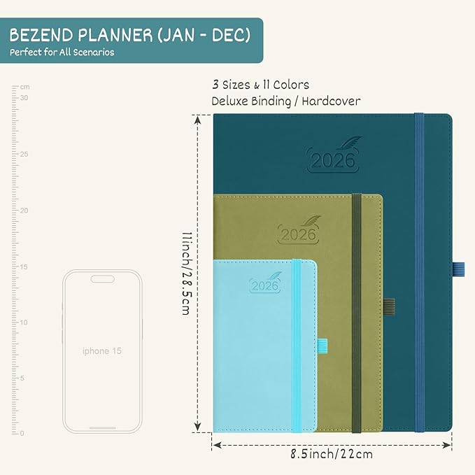 BEZEND 2026 Planner Weekly and Monthly (8.5" x 11") Daily Calendar with Half-Hourly Timeslots & Tab (Jan-Dec) Note & Expenses, Pen Holder, Inner Pocket, Vegan Leather Hardcover - Red
