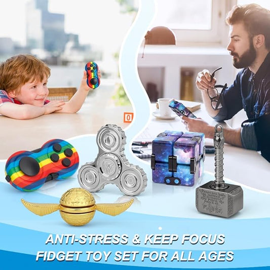 Cool Fidget Toys Set for Kids Adults, Wizard Fidget Spinner, Hammer Finger Hand Spinner, Infinity Cube, Rainbow Fingertip Gyro, Fidget Pad, Gifts for Stress Relief Party Favors Goody Bag Fillers