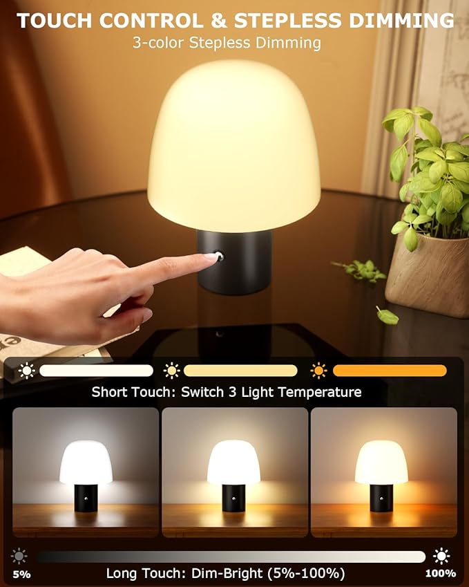 Portable LED Table Lamp, Cordless Desk Lamp Rechargeable, 3-Color Touch Stepless Dimming Night Light for Bedroom/Children's Room/Terrace/Dining Room/Cafe (Black)