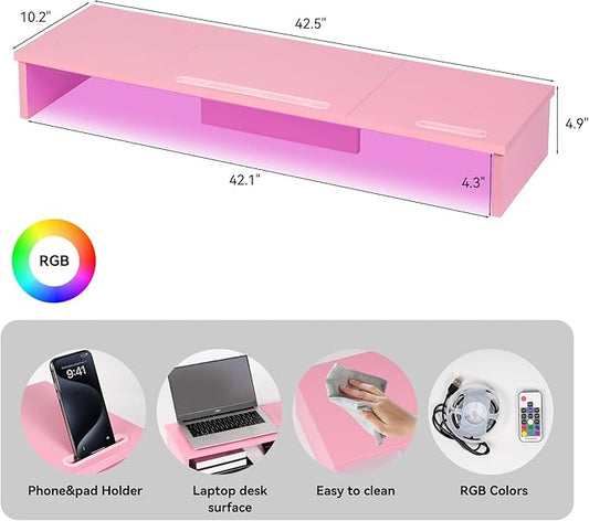 TV Riser Stand with LED Lights, 42.5in Super Large Monitor Stand with Phone Tablet Holder, Tabletop TV Stand Riser for Desk, Desktop Organizer for Computer, TV, Laptop, Printer