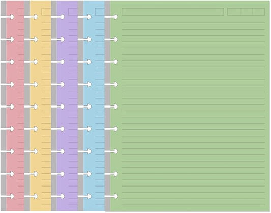 9-Disc Discbound 5 Colorful Line Paper Pre-punched Happy Planners Inserts, 100Sheets/200Pages Classic Size Line Loose-Leaf Paper, Per Color 20 Sheets, 7" x 9.25"