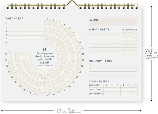 Undated Monthly Habit Tracker Calendar – Minimalist Spiral Wall Planner for Goals & Productivity, Daily/Weekly/Monthly Tracking, Wire-O Hanger, Thick 200 gsm Paper, Neutral Design
