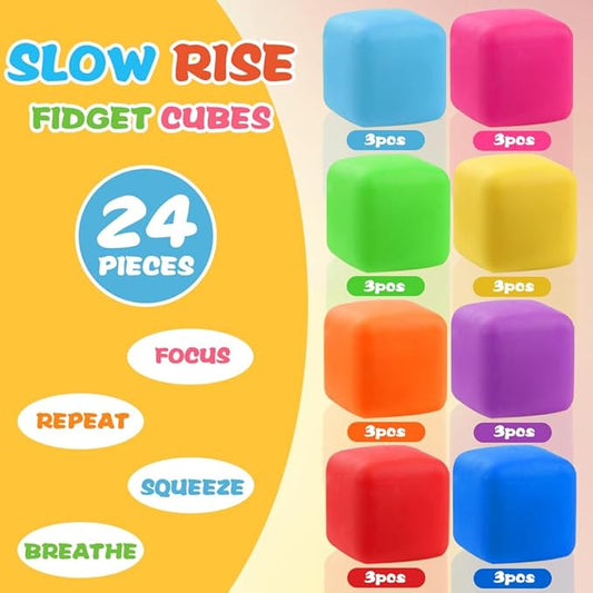 DIYDEC 24 Pcs Stress Cube Toys 8 Colors Slow Rising Stress Balls for Kids Classroom Prizes Goodie Bags Squeeze Stretch Fidget Balls for Party Favors Adults Stress Relief