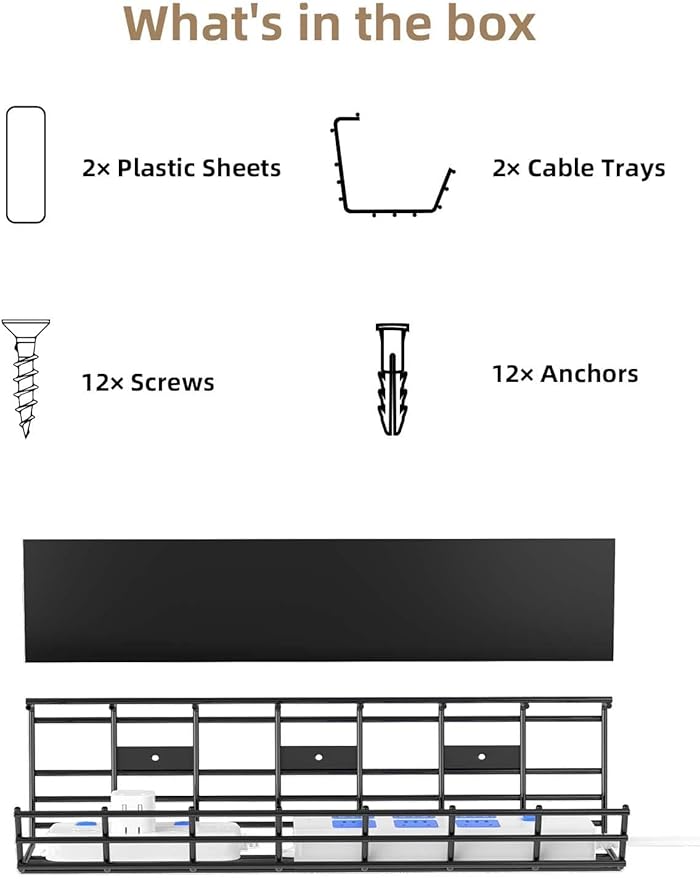 2 Pack DELAMU Under Desk Cable Management Tray, Large Metal Cord Organizer, Office & Home Cord Wire Management Under Desk Shelf, Easy Install Pre-drilled Cable Organizer, Black
