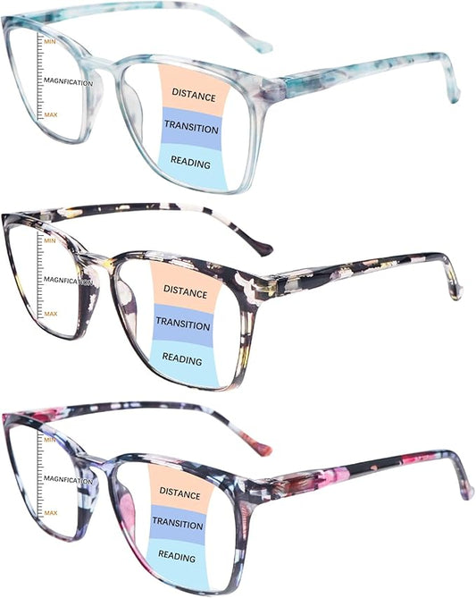3 Pack Progressive Multifocal Reading Glasses Blue Light Blocking Spring Hinge Fashion Print Eyeglasses for women