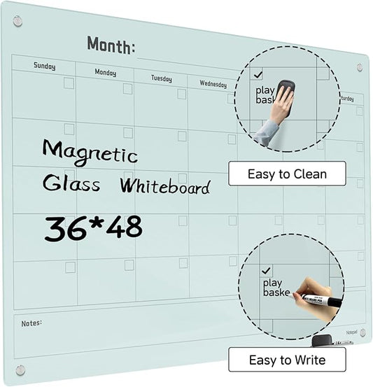 Magnetic Glass Dry Erase Board Calendar- White Board 48 x 36 Inch Wall Mounted Monthly Whiteboard, Large Frameless Glass White Board for Wall Office, Home & School