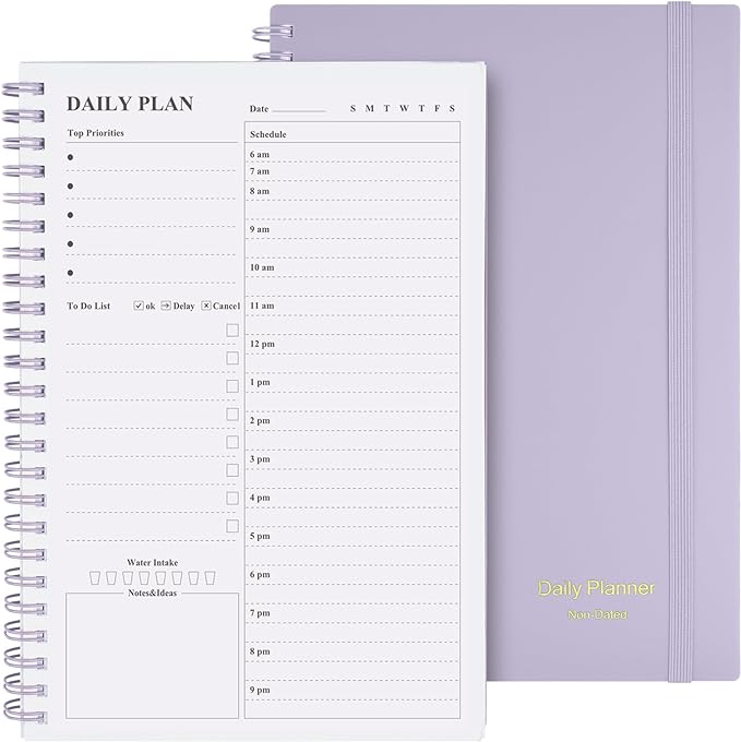 Asten Daily Planner Notebook, Undated To Do List with Hourly Schedules, Spiral Binding, Appointment Planner for Men & Women, ADHD-Friendly, Purple, 8.3" x 5.8"