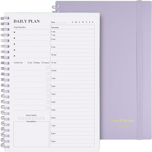 Asten Daily Planner Notebook, Undated To Do List with Hourly Schedules, Spiral Binding, Appointment Planner for Men & Women, ADHD-Friendly, Purple, 8.3" x 5.8"