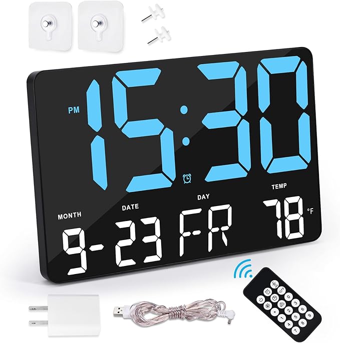 Amgico Digital Alarm Clock with Snooze, Temperature, Auto Dimming, 11.5" Large Display Calendar, Desk/Wall Clock for Bedroom, Living Room, Office, Home, Classroom, Kids, Elderly - Blue