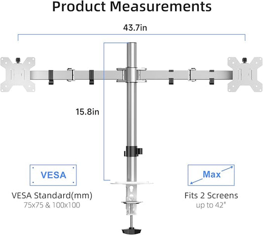 Suptek Dual Monitor Desk Mount, Adjustable Dual Monitor Arm for 2 Monitor Screens up to 42 inch, Extra Tall 15.75" Pole Monitor Stand for Desk, Holds up to 22 lbs,Silver(MD9442LS)
