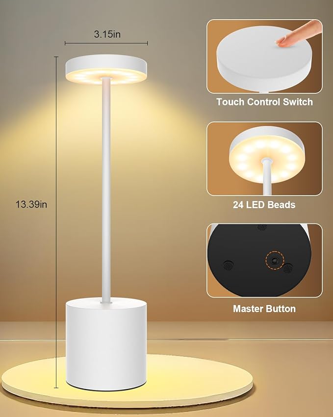 Cordless Table Lamps Rechargeable Set of 2, Portable LED Desk Lamp, 5000mAh Battery Powered Wireless Table Light - 3 Color Dimmable Lighting for Restaurant Dining Patio Outdoor Bedroom(White)