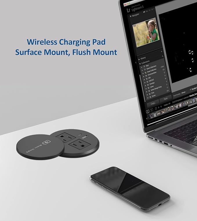 Desktop Power Grommet 3-inch Hole,15W Wireless Charger,20W USB C Fast Charging Station,2 AC Plug,Round Recessed Power Strip, Workspace Essential Desk Hole Cover for Cables Black