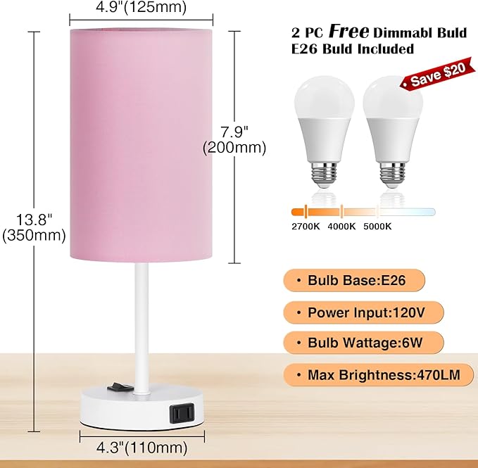 ZJOJO Table Lamp for Bedroom Set of 2, Bedside Small Lamps with 3 Way Dimmable Rocker Switch and AC Outlet, Nightstand Desk Lamp with Pink Fabric Shade White Base for Living Room Home Decor Lights