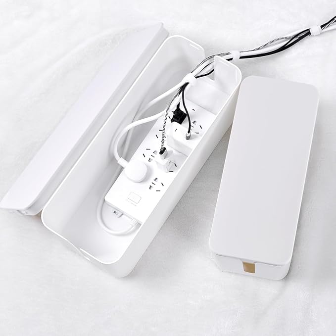 Cable Management Box, 2 Pack Large & Medium Cable Organizer Box with 17 PCS Cable Management Set, Cord Organizer Box to Hide Surge Protector on Desk or Floor (White)