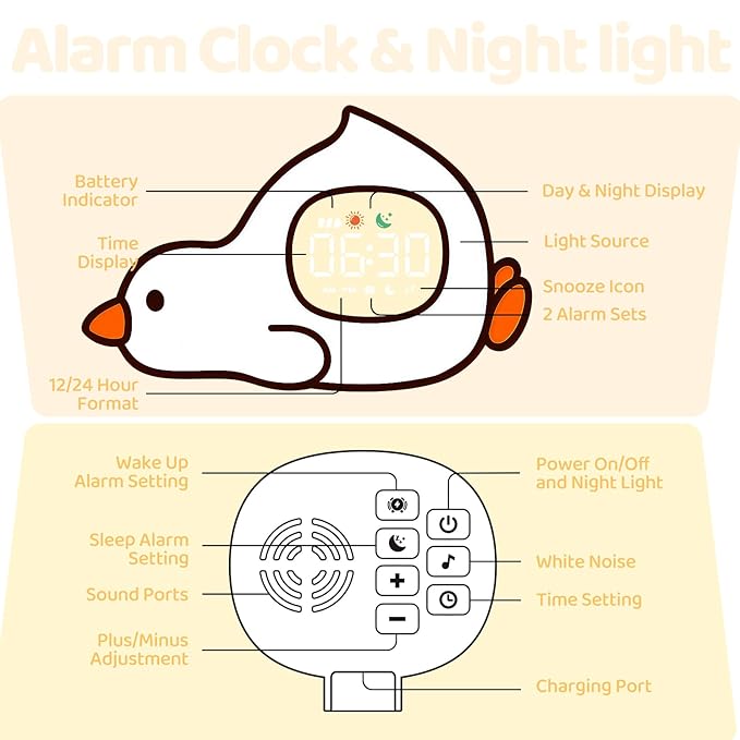 Laying Duck Alarm Clock with Night Light for Kids with Sleep Training and Sound Machine, Rechargeable Silicone Lamp OK to Wake Clock,Cute Animal Tabletop Lamp, Perfect Sleep Companion for Boys Girls