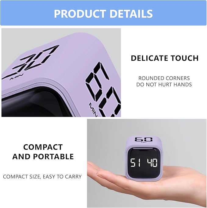 Digital Cube Productivity Timer, Rotating Pomodoro Timer with Gravireceptor 5-10-30-60 Min& Custom Countdown, Vibration & Adjustable Volume Timers for Learning Office Kitchen Desk, Purple