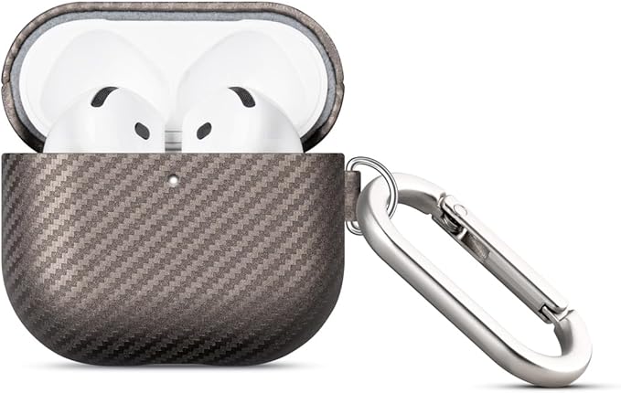 Leather Case - for AirPods 4th Generation Case Cover with Keychain - Selected Skin-Friendly Leather, Carbon Fibre Texture, Handmade Drop Protective Hard Cover for AirPods 4 - Desert Titanium