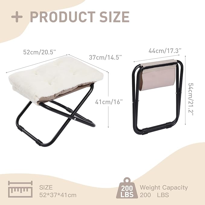 LITA Folding Footrest Stool, Portable Ottoman Foot Rest, Upholstered Small Foldable Ottoman Stool with Detachable Thick Cotton Cushion Padded Sofa Stool for Living Room, Bedroom, Plush Beige