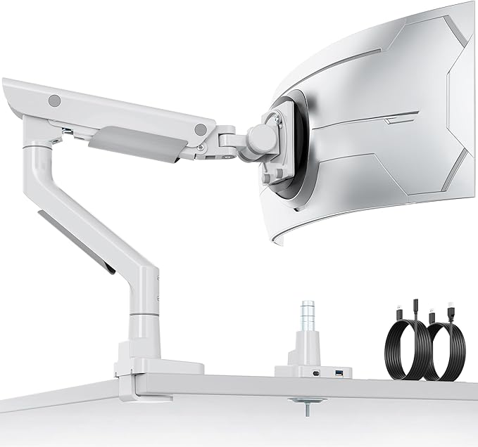 monTEK Sleek Aluminum Monitor Arm for 17–57” Ultrawide Screens up to 59 lbs, USB 3.0 A/C, Heavy Duty Single Monitor Arm Desk Mount, Pneumatic Lift, Quick-Release Plate, Clamp/Grommet, Max VESA 100x100