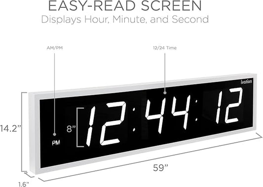 Ivation Huge Oversized 60" Large Digital LED Clock | Big Digital Clock w/Multi-Function Display – Stopwatch, Timer, Alarms, Temp & Date | 6 Brightness Levels, Time Memory & Remote (White)