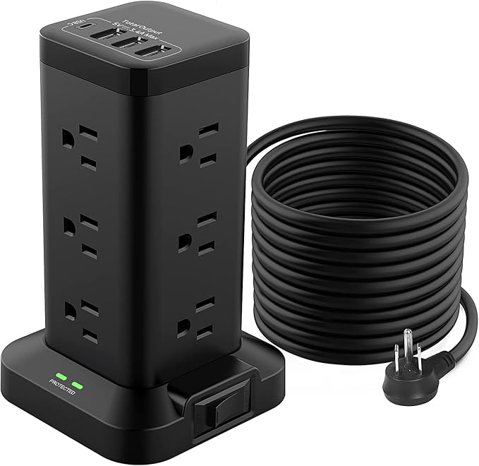BEVA Power Strip Tower with USB Ports, Surge Protector with USB Ports, 12 AC and 4 USB Ports, 10 FT Extension Cord with Power Surge Tower, Office Supplies Office Organization Dorm Room Essentials