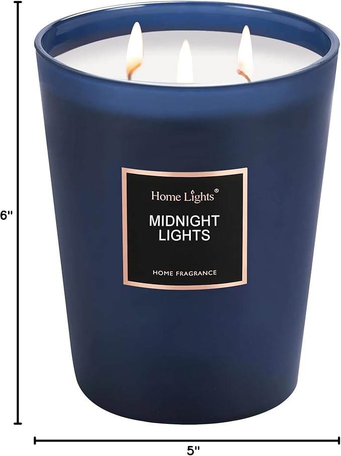 HomeLights Highly Scented Soy Candles Big 33.3 oz for Home. 3 Cotton Wicks, Smokeless Long Lasting 130 hrs in Midnight Lights. 5x6, Great Gift for Women & Men