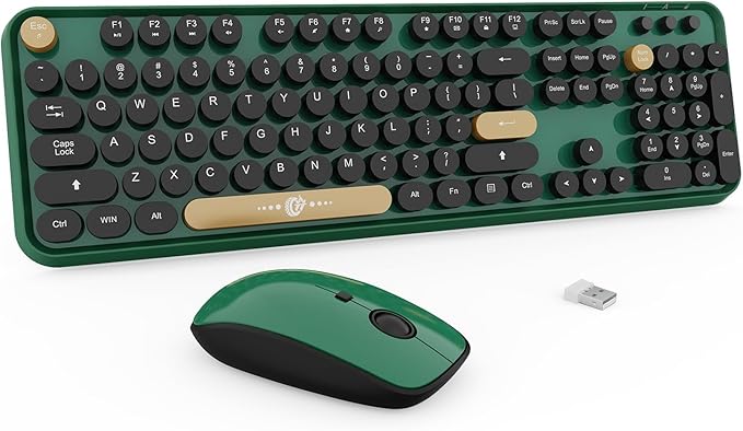Wireless Keyboards Mouse Combos, Colorful Cute Typewriter Full-Size Retro Creamy Keyboard, 2.4GHz Sleep Mode Office Quiet Wireless Keyboard and Mouse Set for Desktop Laptop PC Computer Dark Green