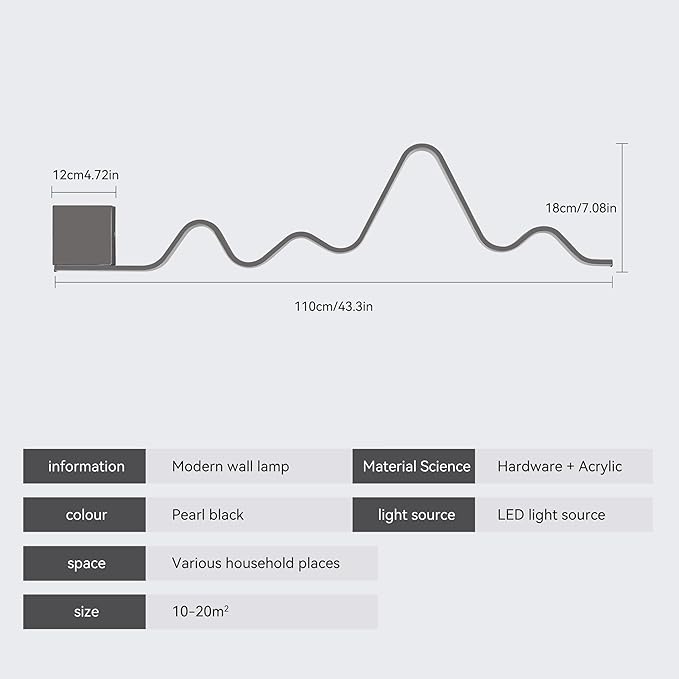 Qcyuui Modern Wall Sconce with Remote Control 43.3inch Dimmable LED Wall Lights Led Wall Sconce Indoor Wavy Long Linear Wall Lamps for Living Room Bedroom Hallway Staircase, 30W