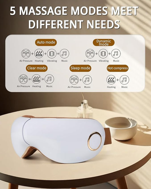 iRest Eye Massager with Heat,Smart Eye Mask Massager with Compression & Vibration,Relax Music,Rechargeable,Migraine Massager for Improve Sleep,Relieve Eye Strain Dry Eye Dark Circles Eye Bags,White