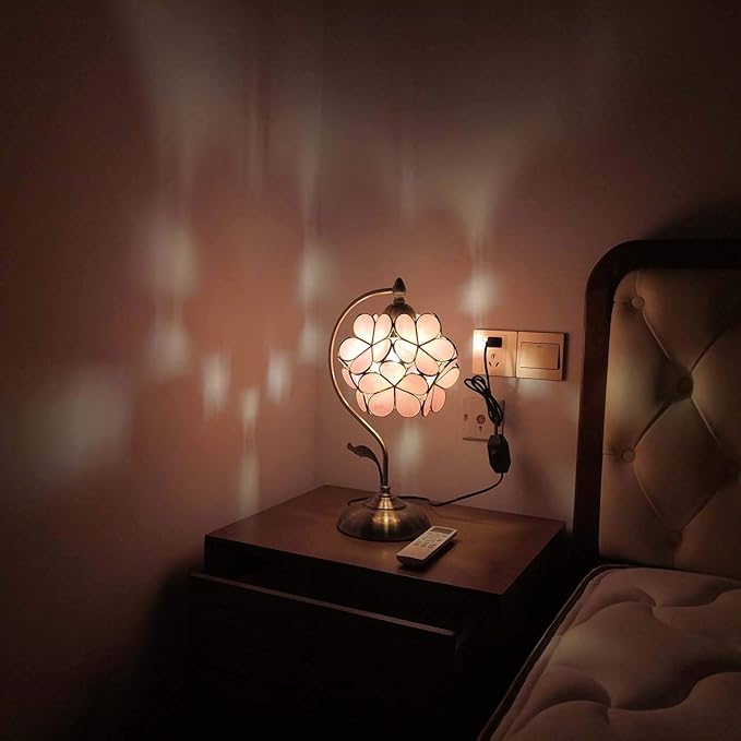 Bieye L10732 Tiffany Style Stained Glass Flower Petal Table Lamp with Brass Base for Home Décor (Pink, 8" Cherry Blossom)