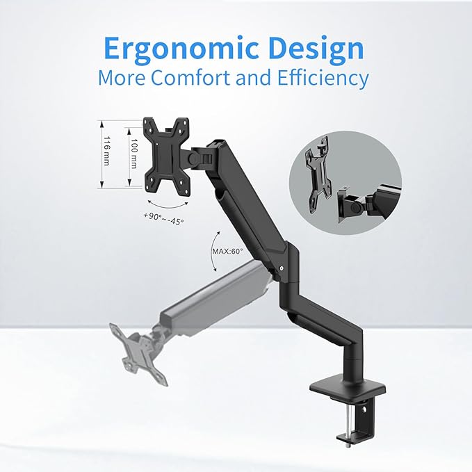 Single Monitor Stand for 13 to 32 inch Screens, Gas Spring Monitor Arm with Swivel, Tilt, Rotation, Height Adjustable, Desk Mount with C-Clamp and Grommet Base, Holds 4.4 to 19.8lbs Screen, Black