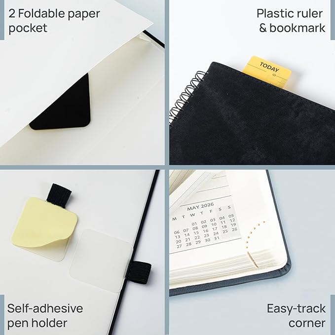 POPRUN 2026 Weekly Planner 30-Mintue (Medium 7'' x 8.5'') - From Jan 2026 to Dec 2026 - Two Pages Per Week Appointment Book with Monthly Tabs, Softcover, Inner Pocket, Pen Holder - Black