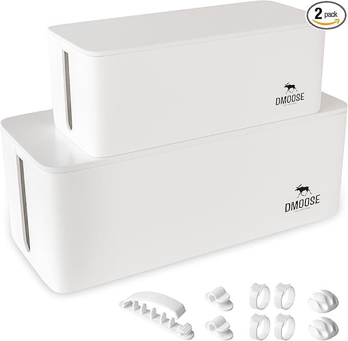 DMoose Cable Management Box - 2 Pack Medium & Large Cord Organizer for Desk & Floor - Cable Organizer Box for Child & Pet - Cable Box Hider for Tidy Office & Home, Power Strip Cover (White, Pack of 2)