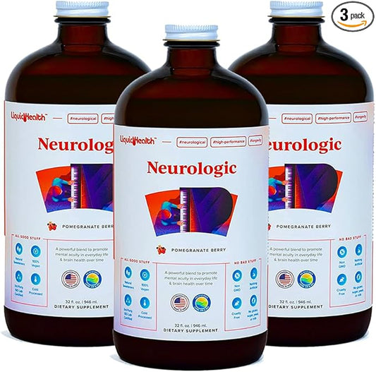 LIQUIDHEALTH Neurologic Focus Supplement - Brain Booster Nootropic Supplement for Cognitive Function, Memory & Focus with Ginkgo Biloba, Choline, L-Theanine & Phosphatidylserine - USA Made (3 Pack)