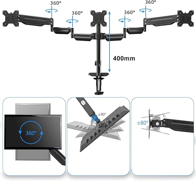 suptek Triple Monitor Mount for Most 17 to 32 inch Screens,Gas Springs Adjustment Triple Monitor Desk Mount Stand with Clamp & Grommet Kit,Black(MD8003)